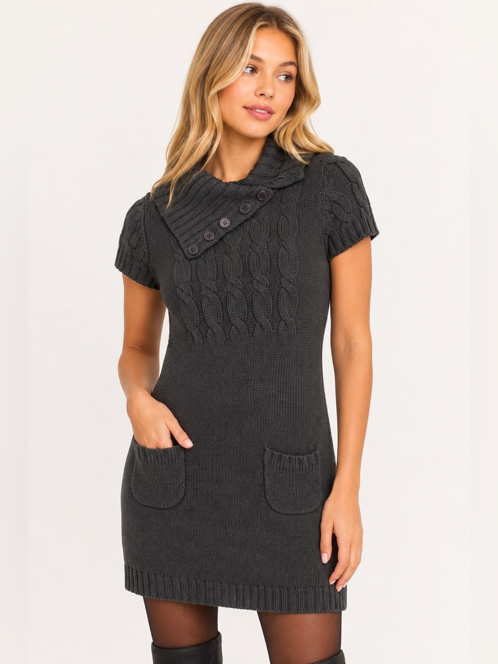 Pink Rose Charcoal Cable Knit Sweater Dress Size Small | Cowl Neck Pocket Dress